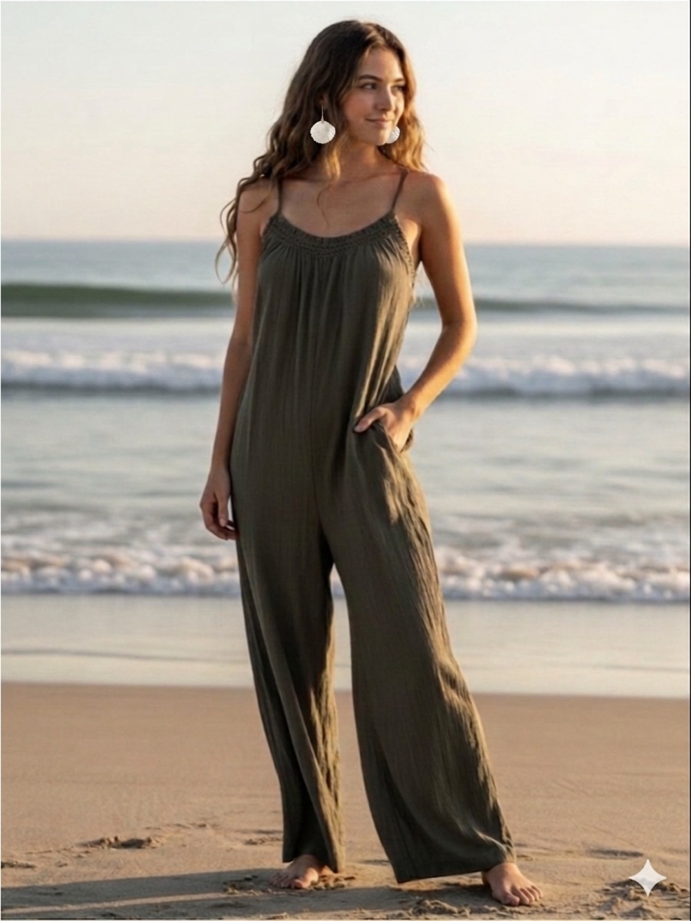 Olive Green Wide-Leg Jumpsuit with Faux Shell Earrings